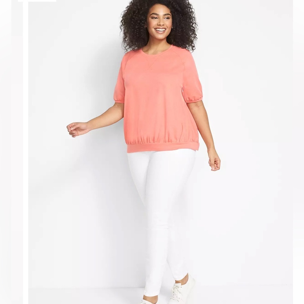 NWT Lane Bryant Puff Sleeve Open Crew Neck Women's Coral Top 22/24 - Picture 3 of 8